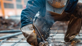 Cranes operate at a construction site during sunset, with workers actively engaged in building activities on the structure.