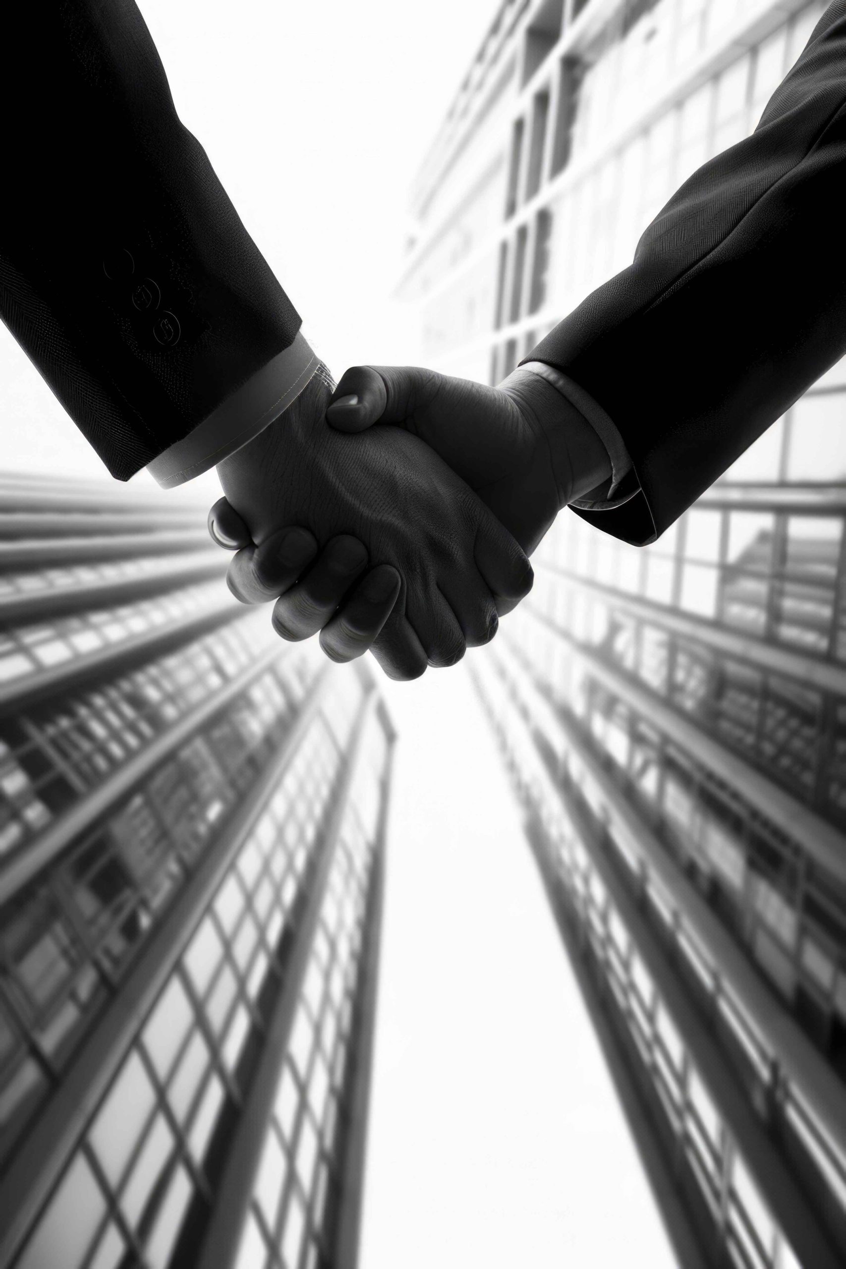 Two men shaking hands in front of a tall building. Concept of professionalism and trust between the two individuals